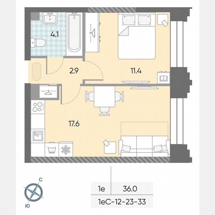 1-к. квартира, 36 м², 33/43 эт.