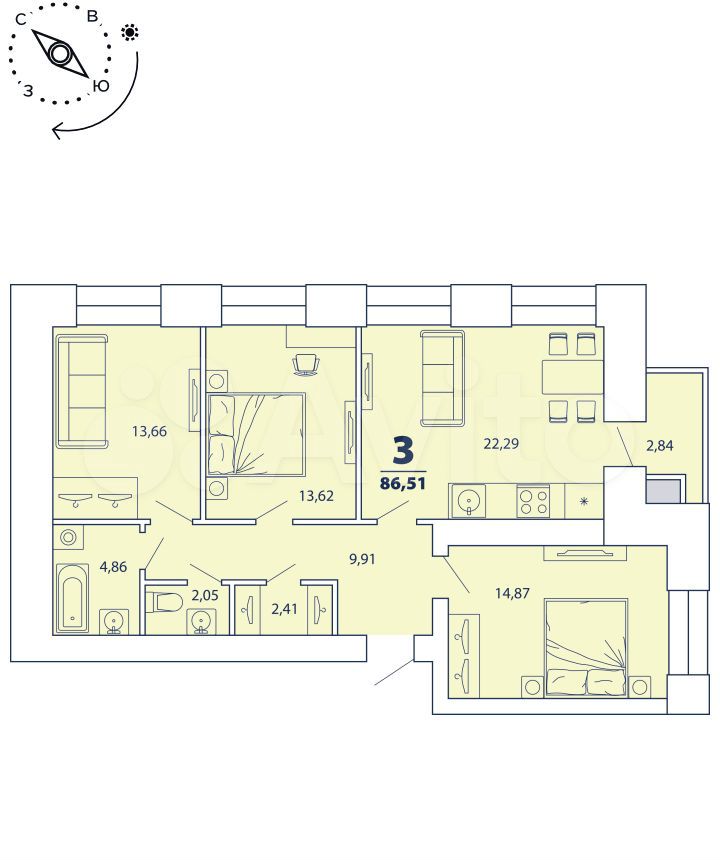 3-к. квартира, 86,5 м², 4/16 эт.