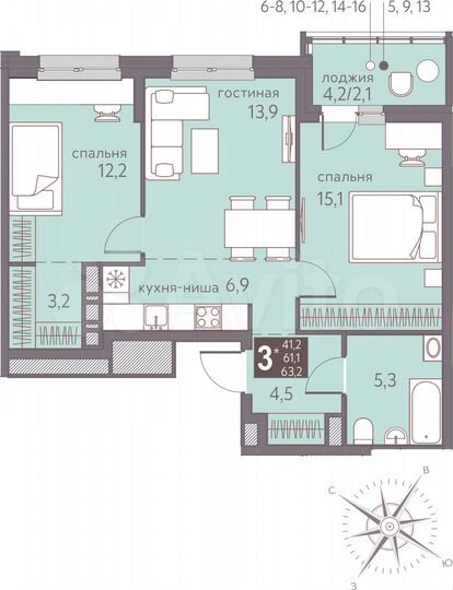 3-к. квартира, 63,2 м², 15/16 эт.