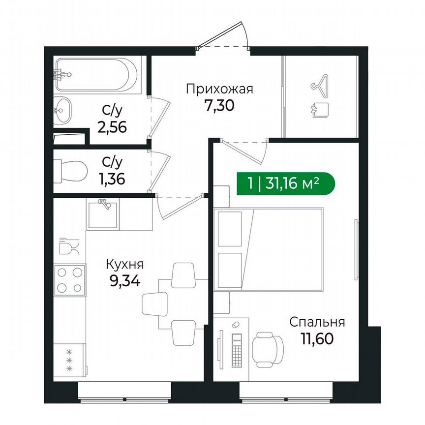 1-к. квартира, 31,2 м², 1/8 эт.