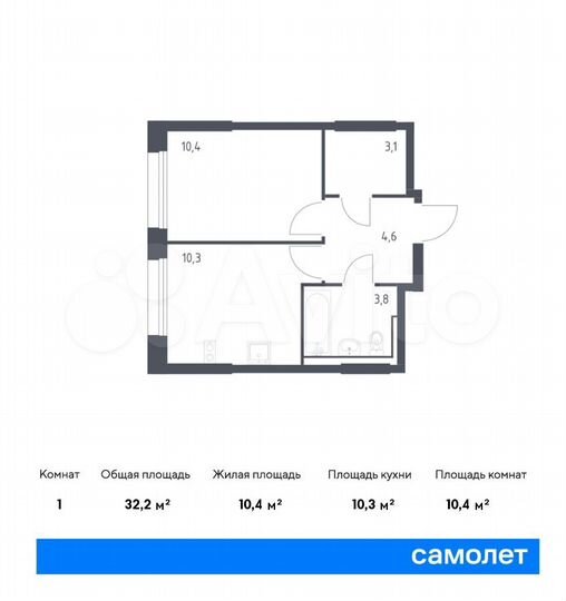 1-к. квартира, 32,2 м², 1/16 эт.