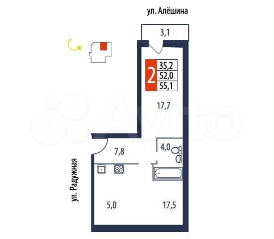 2-к. квартира, 55 м², 3/9 эт.