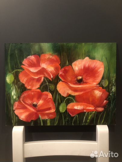 Картина маслом, красные маки, мдф 30х40