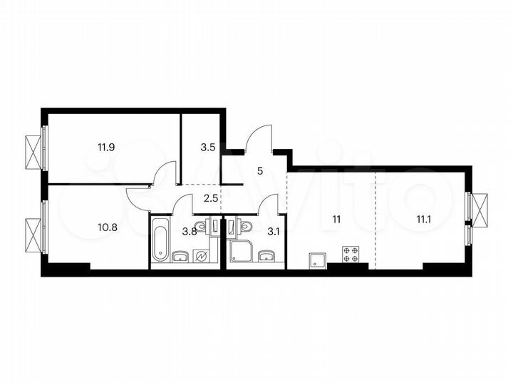 3-к. квартира, 62,7 м², 12/25 эт.