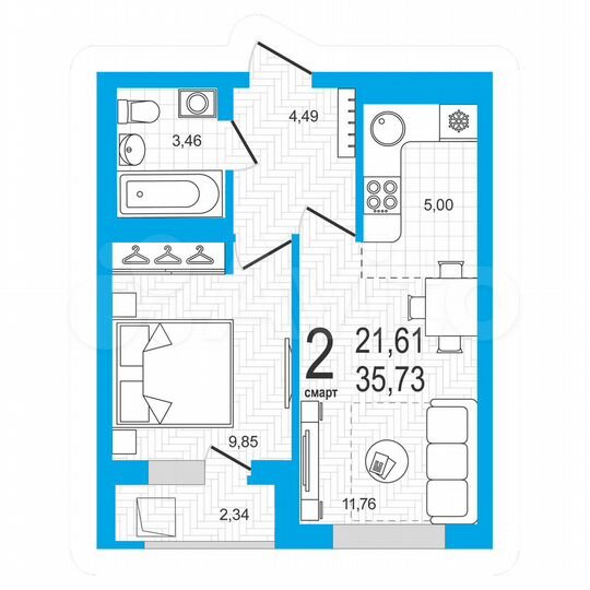 2-к. квартира, 35,7 м², 13/21 эт.
