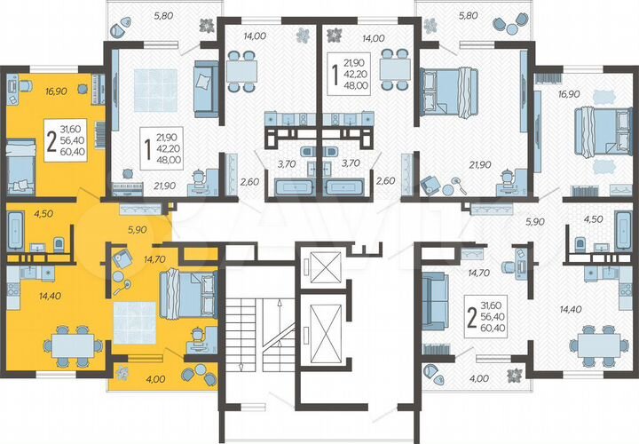 2-к. квартира, 60,4 м², 7/16 эт.