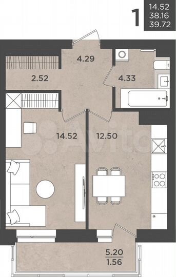 1-к. квартира, 39,7 м², 12/24 эт.