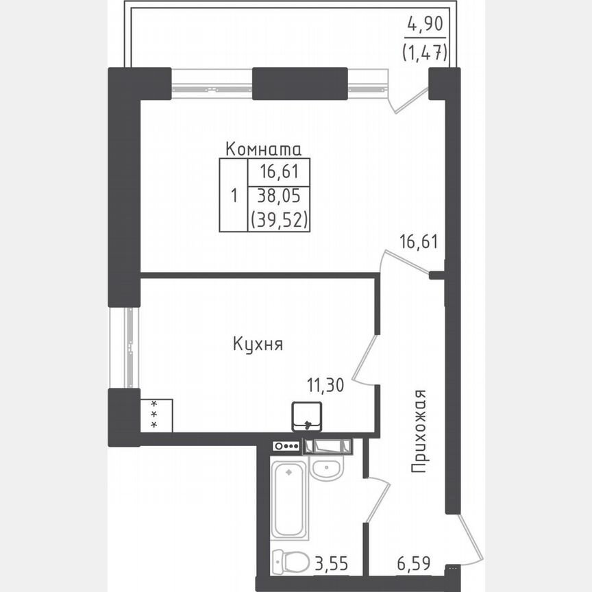 1-к. квартира, 39,5 м², 3/5 эт.