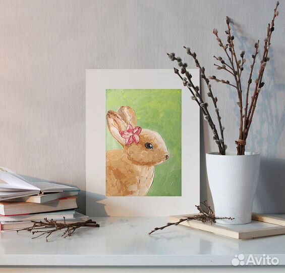 Картина оригинал пасхальный кролик с цветочком
