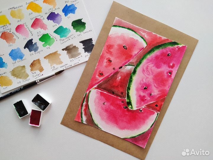 Акварельная открытка. Арбузы. А5