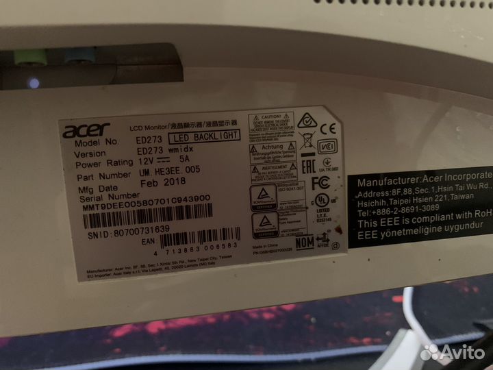 Монитор acer ed273Bbmiix 27 дюймов