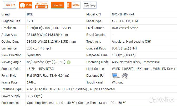 Матрица BOE NV173FHM-NX4 V8.1