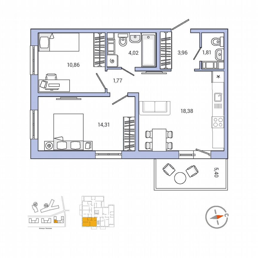 2-к. квартира, 56,9 м², 2/9 эт.