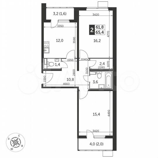 2-к. квартира, 65,6 м², 13/25 эт.