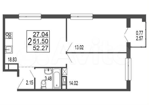 2-к. квартира, 51,5 м², 7/17 эт.