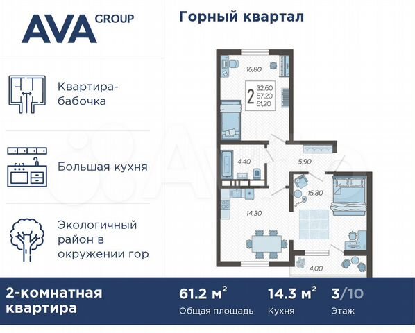 2-к. квартира, 61,2 м², 3/10 эт.
