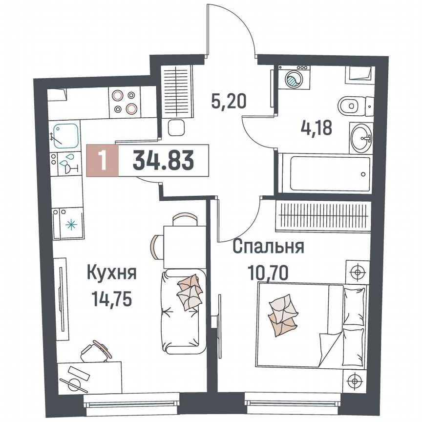 1-к. квартира, 34,8 м², 2/18 эт.