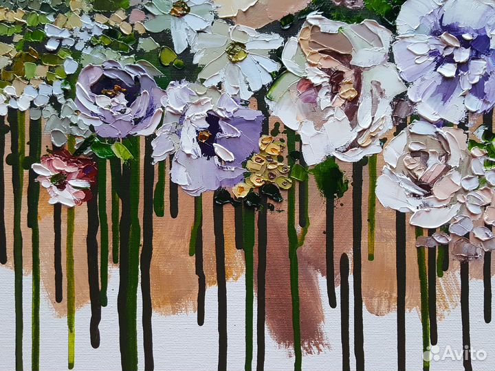 Картина маслом цветы Белые Розы интерьерная нежная