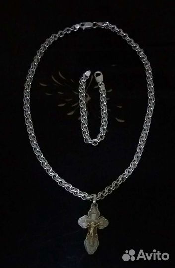 Серебряная цепь+браслет+крест+подарочная коробочка
