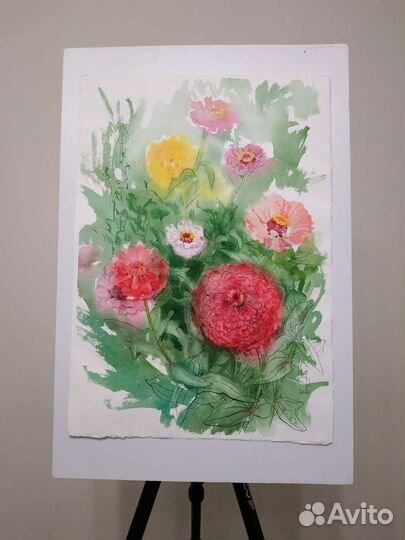 Акварель большая картина яркие цветы астры 35 * 50