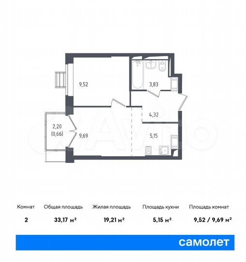2-к. квартира, 33,2 м², 12/17 эт.