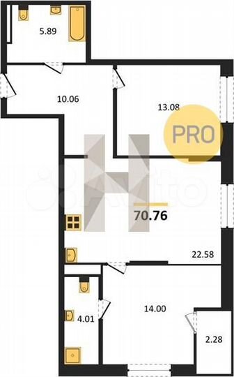 2-к. квартира, 70,8 м², 11/16 эт.