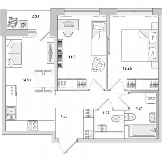 2-к. квартира, 55,3 м², 13/21 эт.