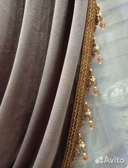 Шторы и тюль шелковый бархат тауп,стеклярус