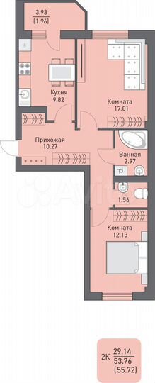 2-к. квартира, 55,8 м², 9/16 эт.