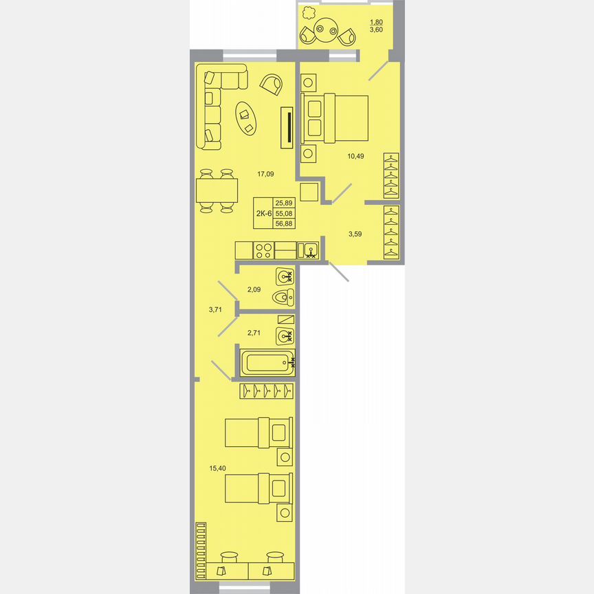 2-к. квартира, 56,9 м², 17/17 эт.