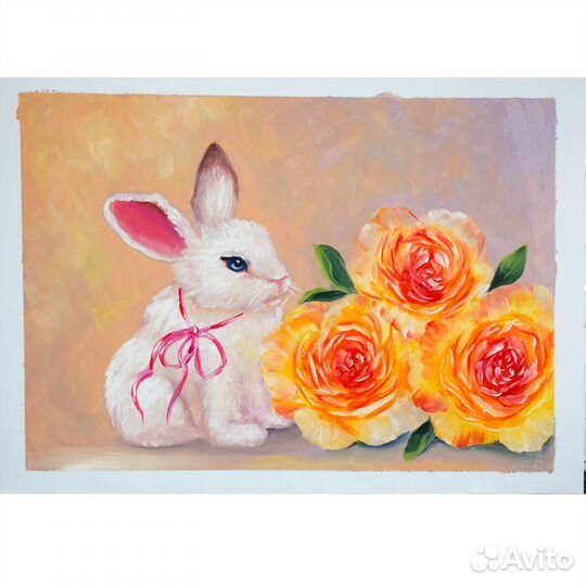 Картина маслом Кролик с цветами 25х35 см
