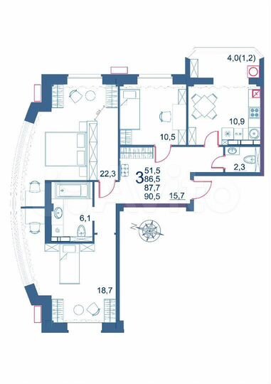3-к. квартира, 90,5 м², 6/9 эт.