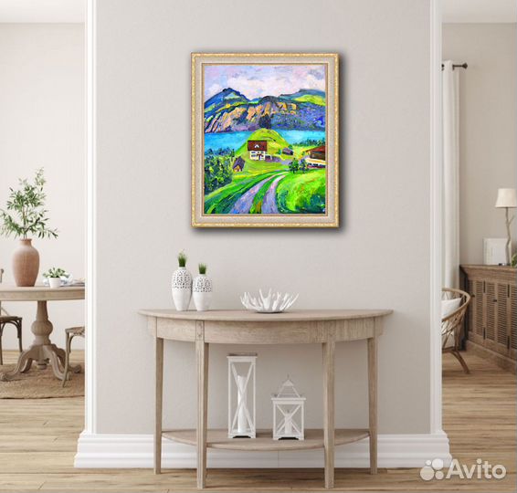 Картина Горы Алтай Дом река Горный Пейзаж