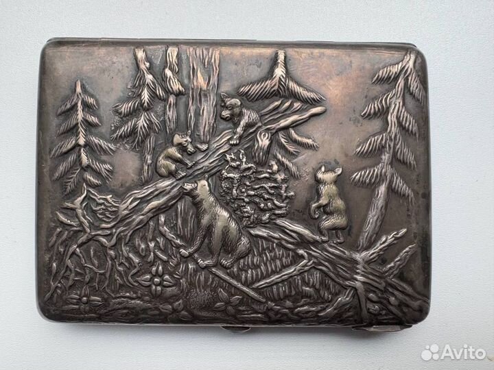 Портсигар Мишки в лесу 84 проба серебро