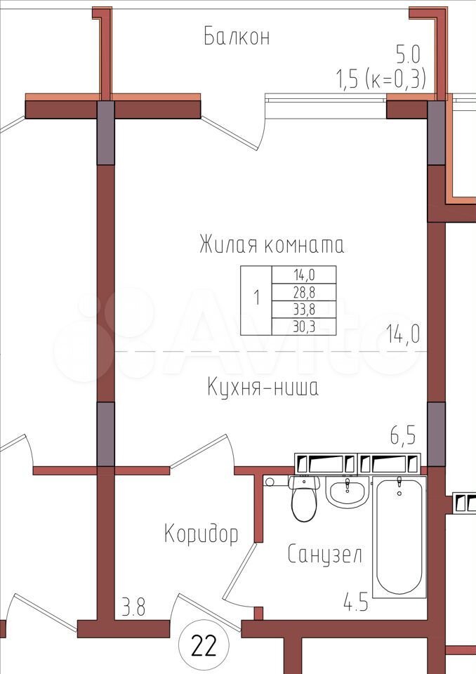 Квартира-студия, 30,3 м², 3/9 эт.