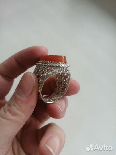 Кольцо серебро 925 скань янтарь желток