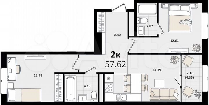 2-к. квартира, 57,6 м², 4/17 эт.