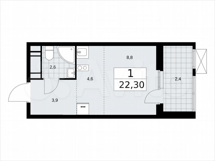 Квартира-студия, 22,3 м², 16/17 эт.