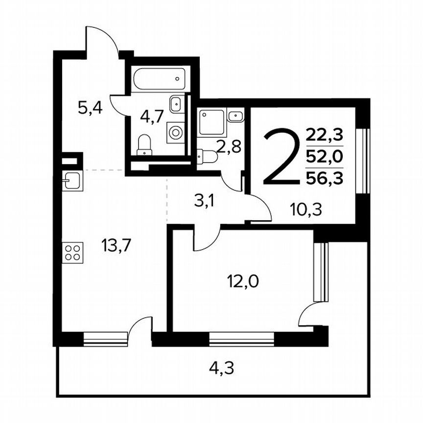 2-к. квартира, 56,3 м², 1/14 эт.