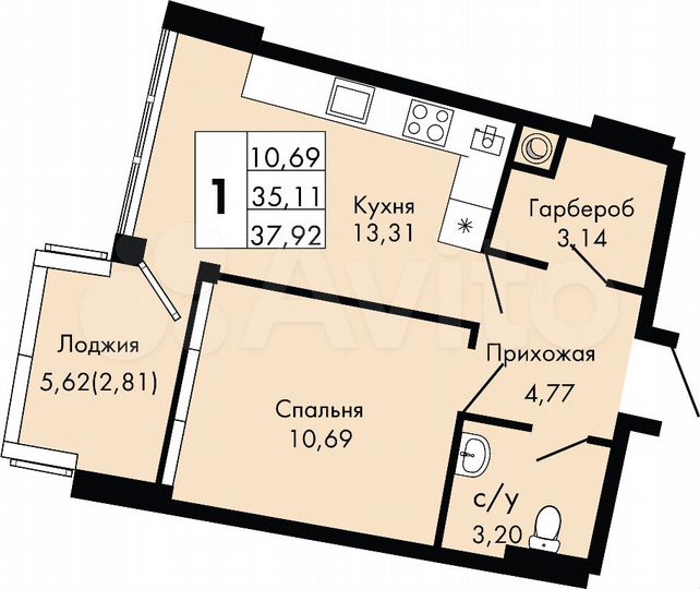 1-к. квартира, 37,9 м², 8/9 эт.