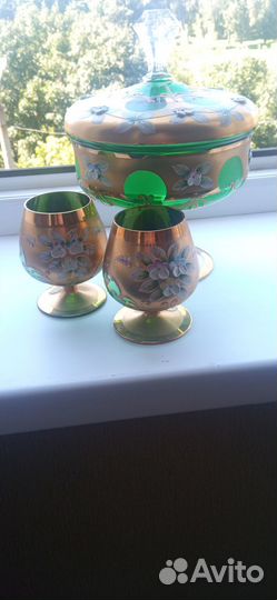 Конфетница с крышкой богемия и 2 бокала