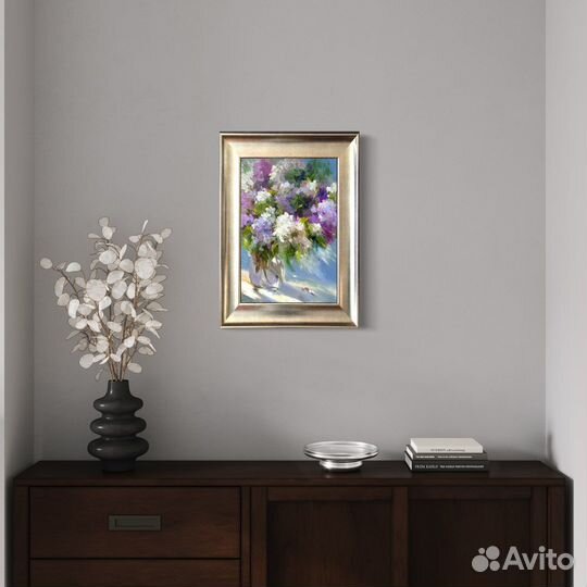 Картина маслом «Сирень на голубом»