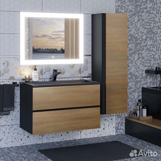 Тумба с черной раковиной черный/дуб соном