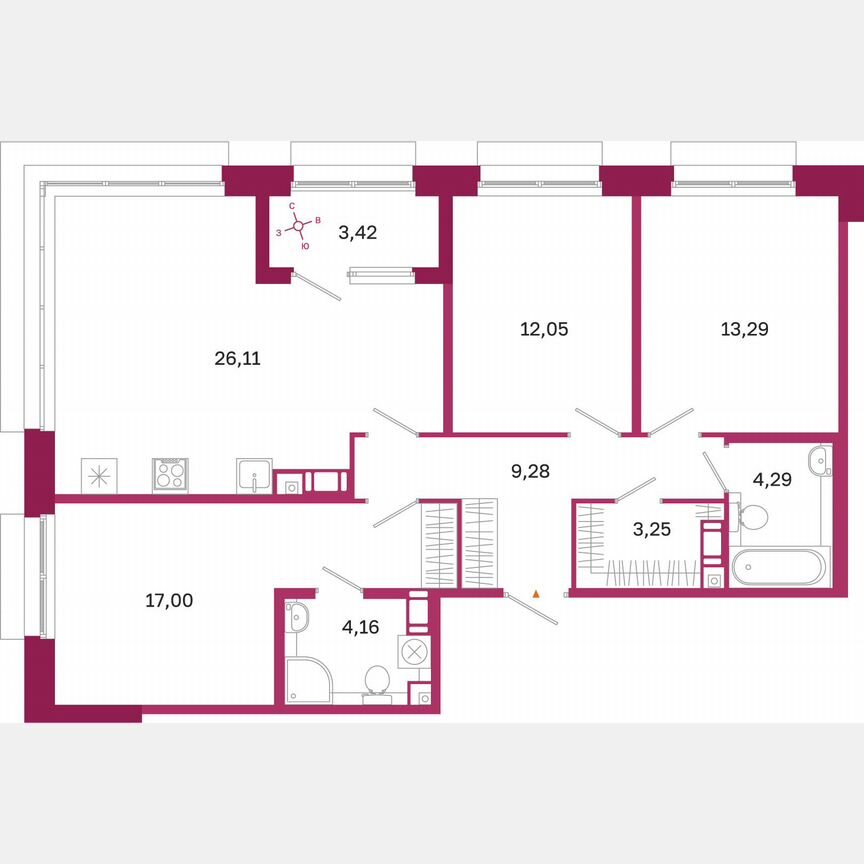 3-к. квартира, 91,1 м², 7/10 эт.