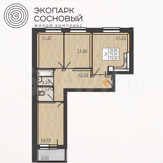 3-к. квартира, 73,5 м², 2/4 эт.