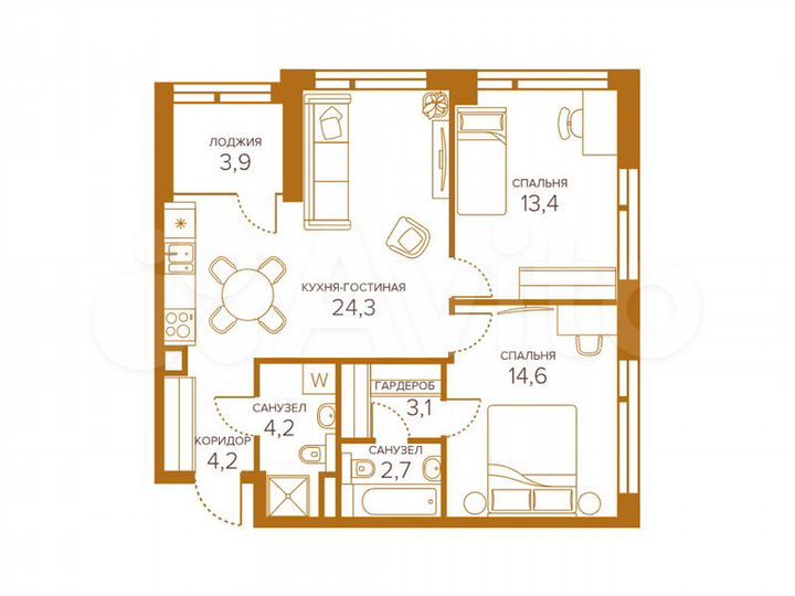 2-к. квартира, 68,6 м², 6/8 эт.