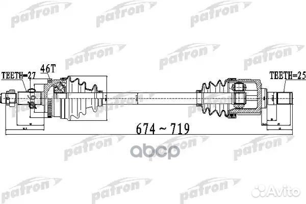 Полуось передний мост слева 27X674X60X25 ABS:46