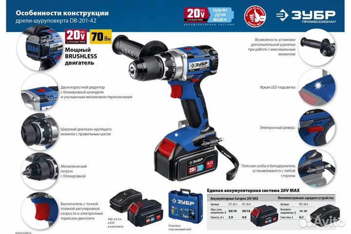 Зубр бесщеточная дрель-шуруповерт DB-201-42 Профес