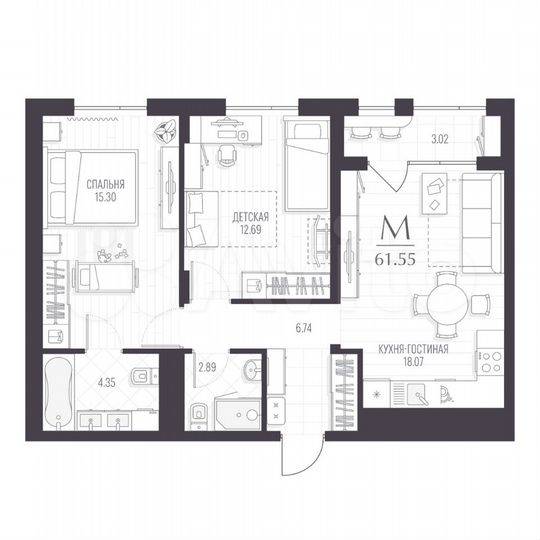 2-к. квартира, 61,6 м², 3/5 эт.