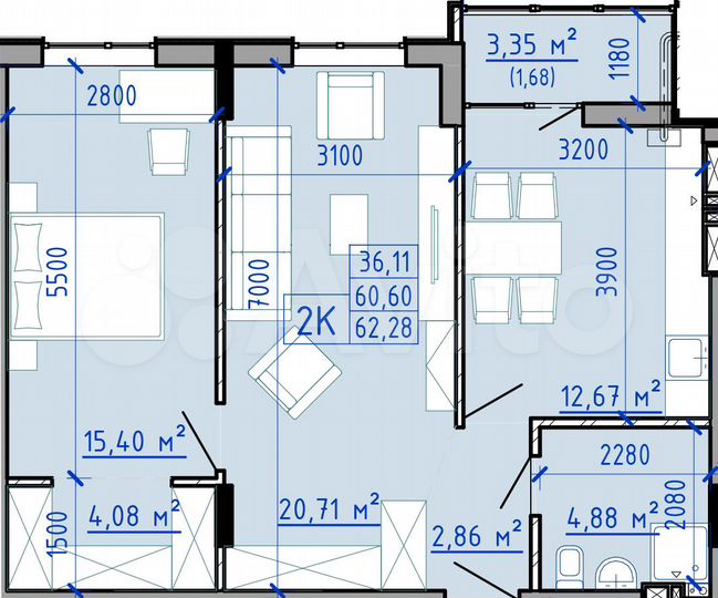 2-к. квартира, 61,8 м², 8/9 эт.
